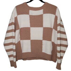 Relaxed Fit Drop Shoulder Sweater Checkered Mocha Ivory Small Cozy Academia